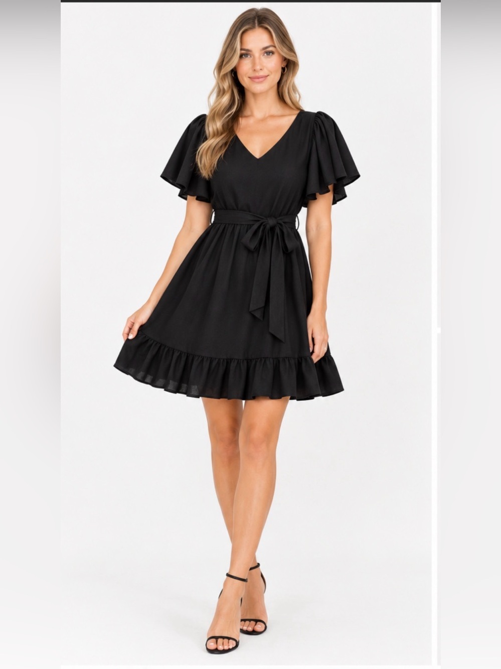 Gretchen Scott Black A Line Dress Flutter Sleeves Tie Belt M Flowy